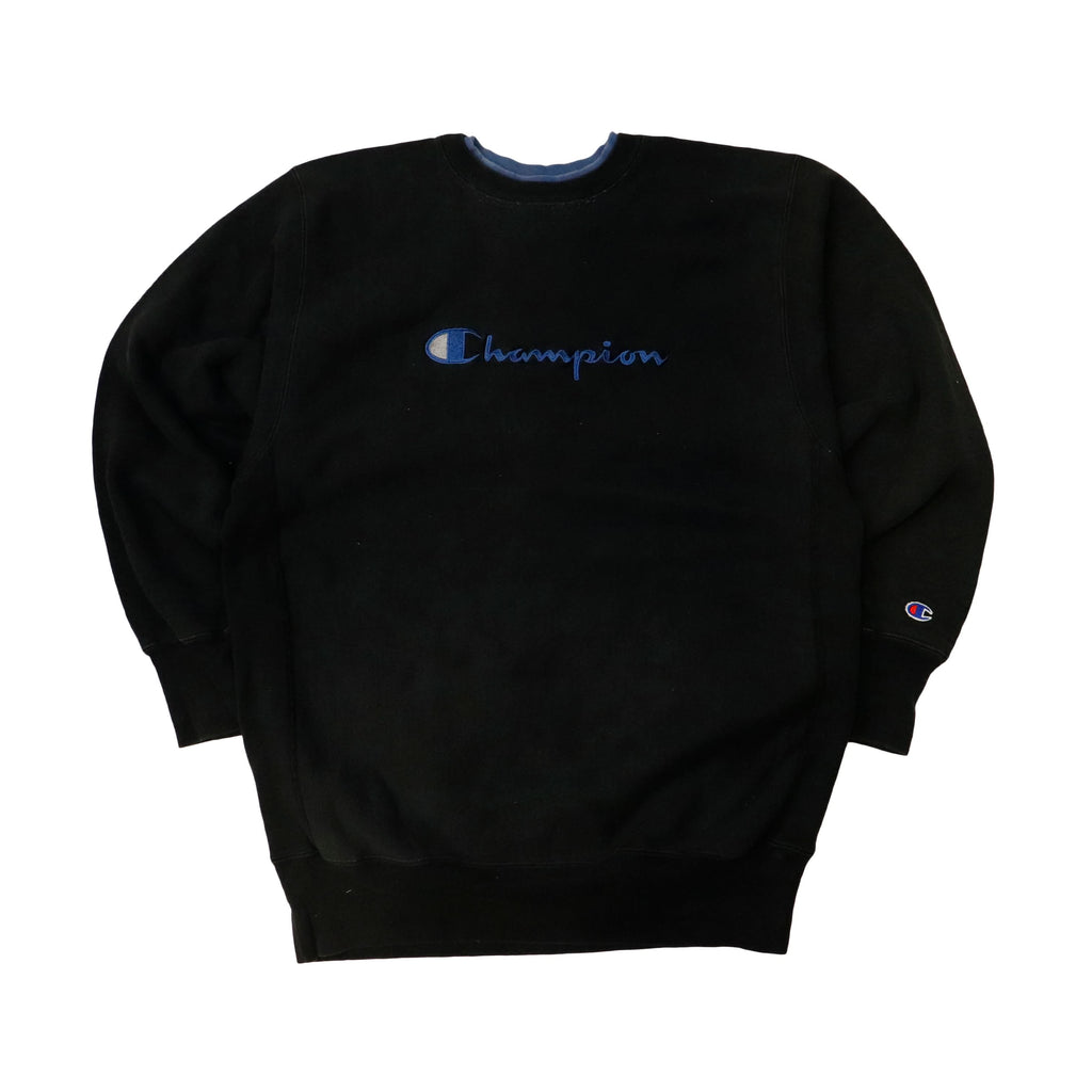 Vintage Champion Reverse Weave Embroidered Logo Black Crewneck Sweatshirt Size L 90s