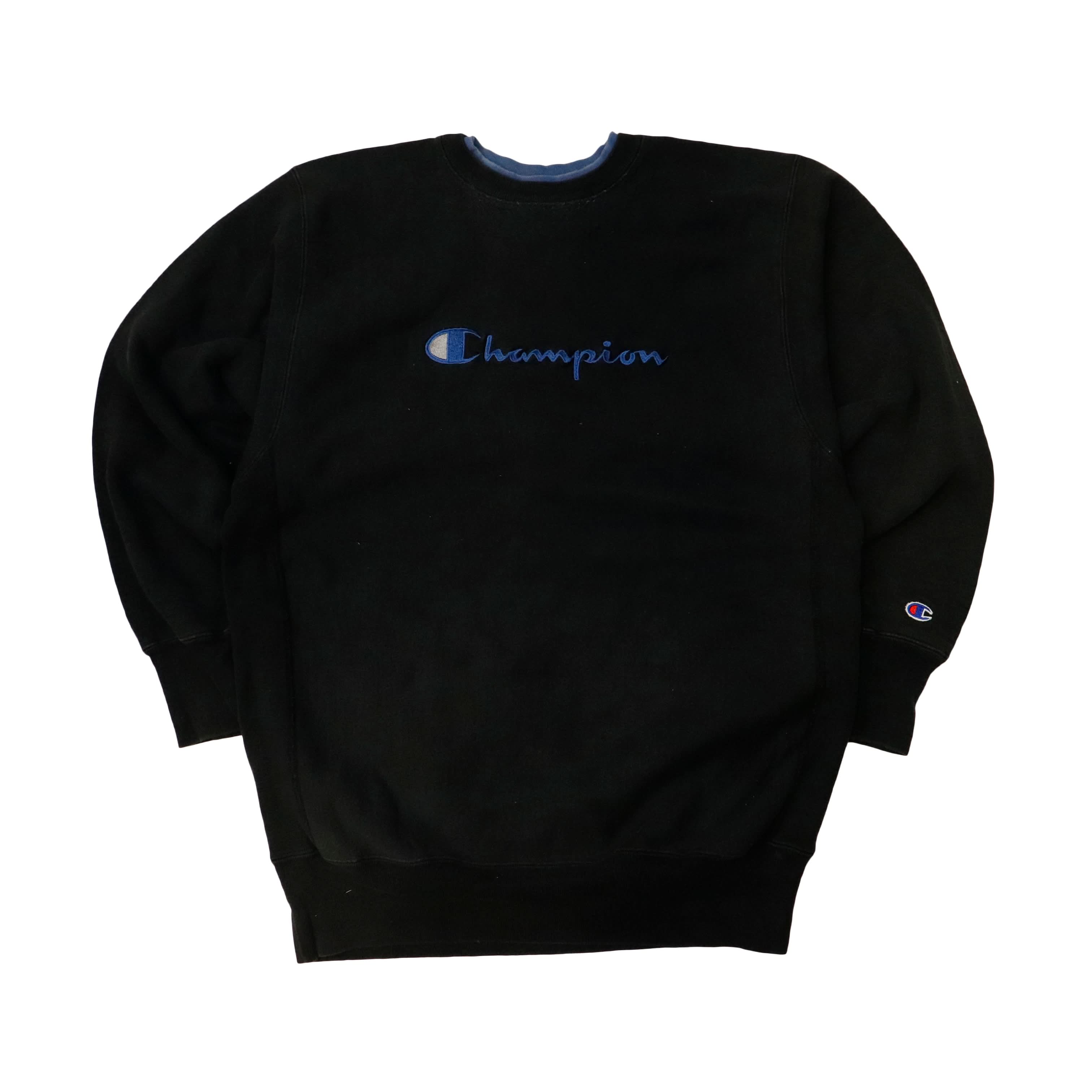 Vintage Champion Reverse Weave Embroidered Logo Black Crewneck Sweatshirt Size L 90s
