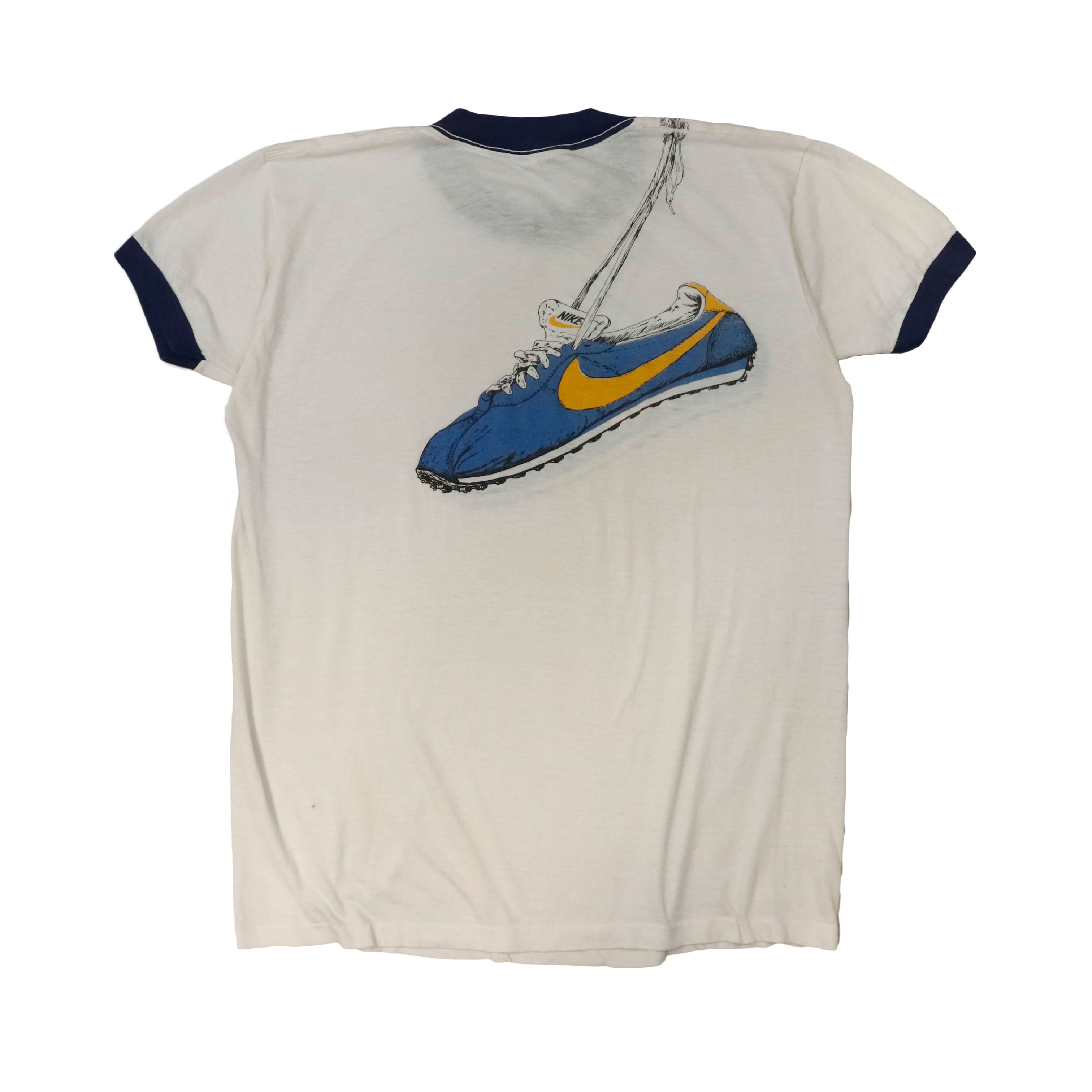 Vintage 70s 80s Nike waffle runners shoes over shoulder Ringer Graphic T-Shirt Size XL