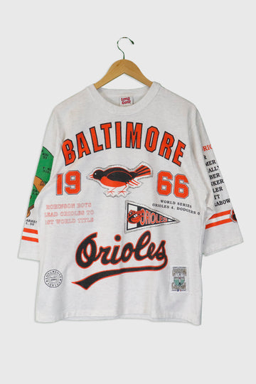 Vintage 1992 MLB Baltimore Orioles All Over Graphic Logo Quarter Sleeve T Shirt Sz L