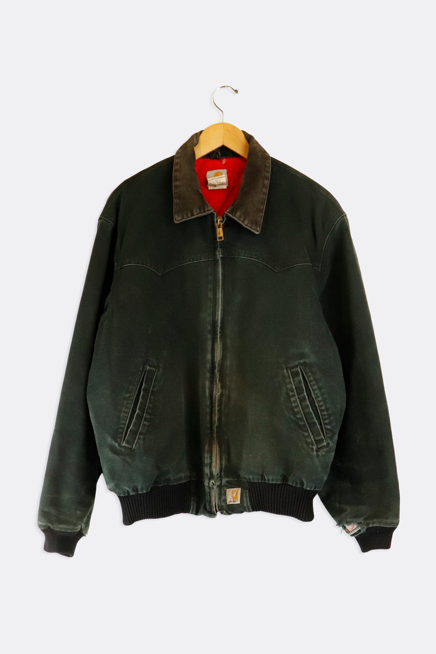 Vintage Carhartt Red Lined Full Zip Brown Corduroy Collar Jacket Sz L