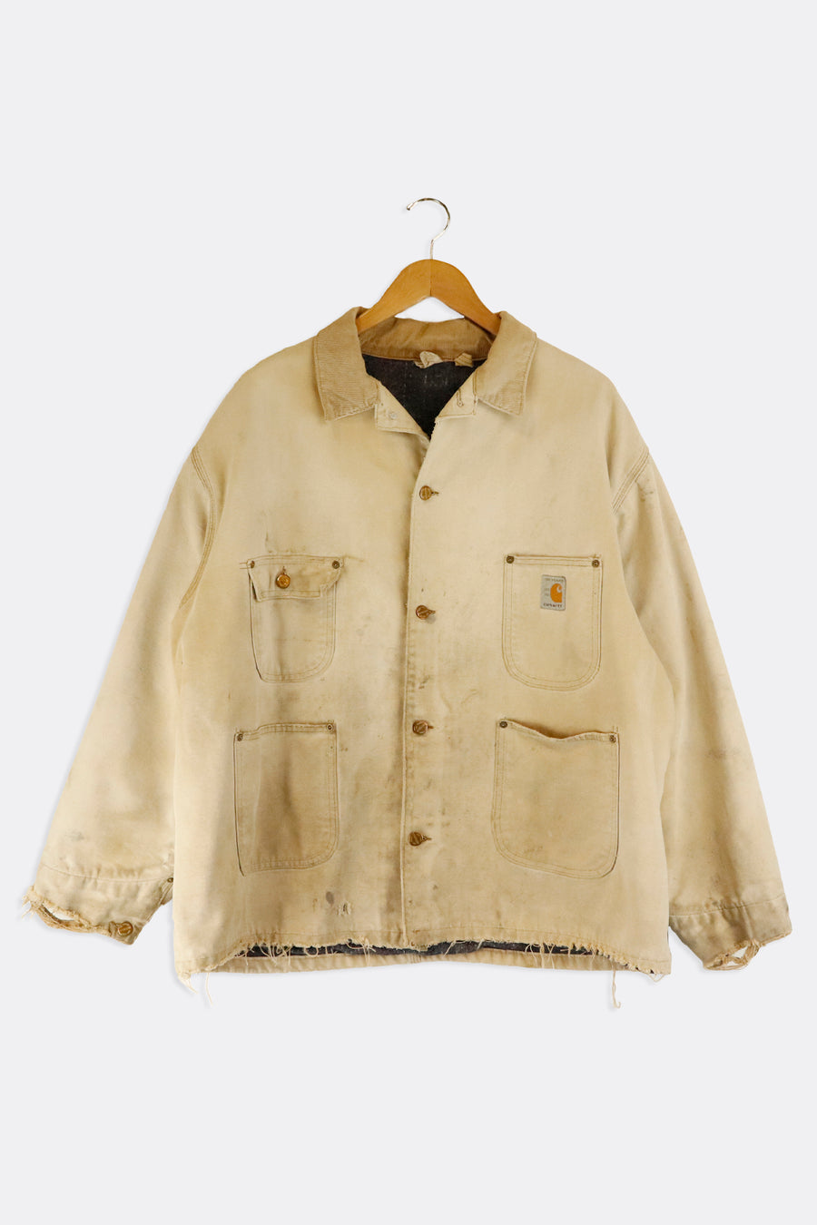 Vintage 1989 Carhartt Chore Sun Bleached Cream Collared Jacket Sz XL