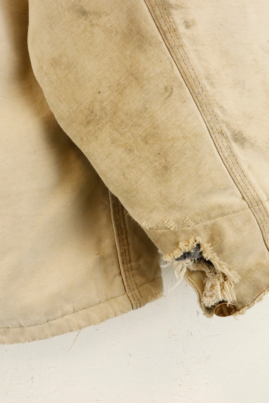 Vintage 1989 Carhartt Chore Sun Bleached Cream Collared Jacket Sz XL