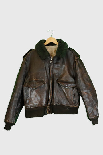 Vintage Bomber Style Full Zip Collared Leather Jacket
