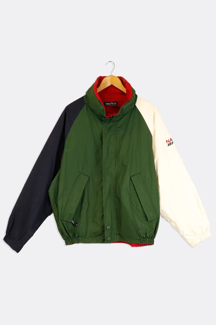 Vintage Nautica Sport Zip In Hood Reversible Cream And Green Full Red Jacket