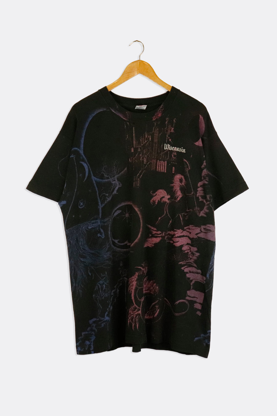 Vintage Wisconsin Multicolour Mystical Creatures And Castles All Over Graphic T Shirt Sz XL