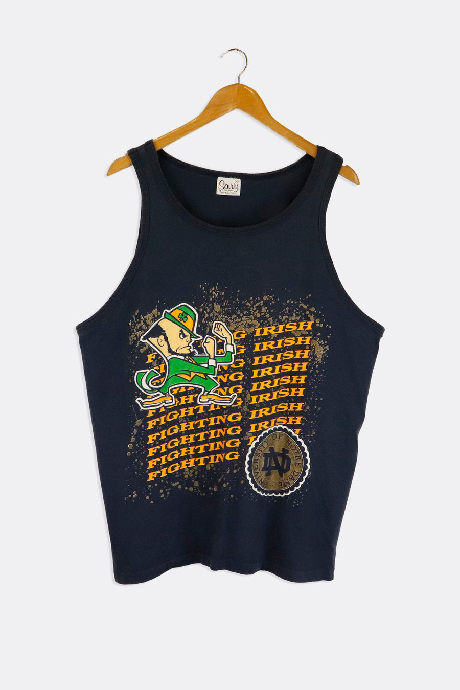 Vintage Notre Dame Fighting Irish Repeated Lettering With Leperchaun Logo On Top Vinyl Tanktop T Shirt Sz XL