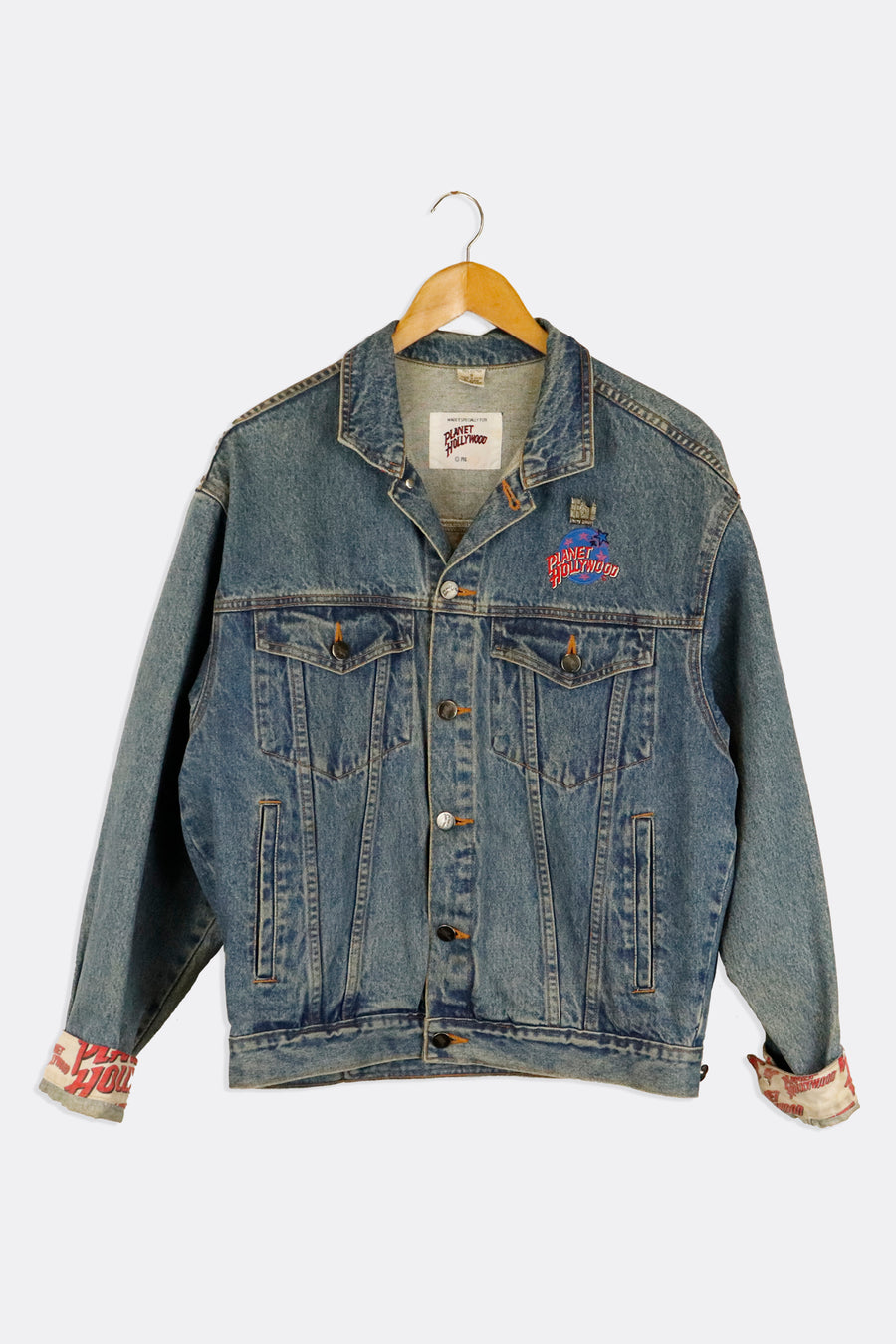 Vintage Planet Hollywood New York Embroidered Denim Jacket With Metal Pin Outerwear Sz S