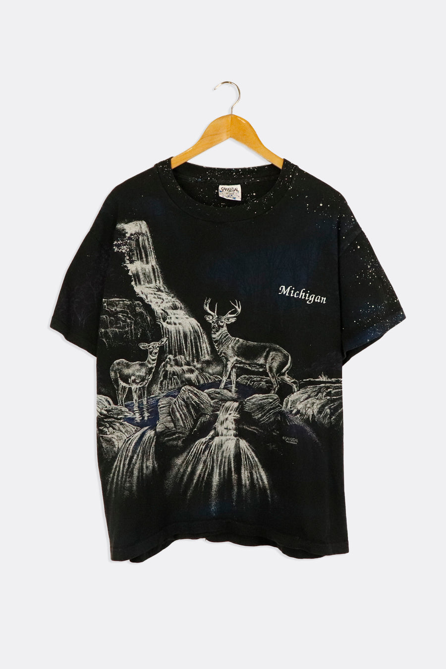 Vintage Michigan Buck And Deer On Waterfalls Sketch Syle Spotted T Shirt