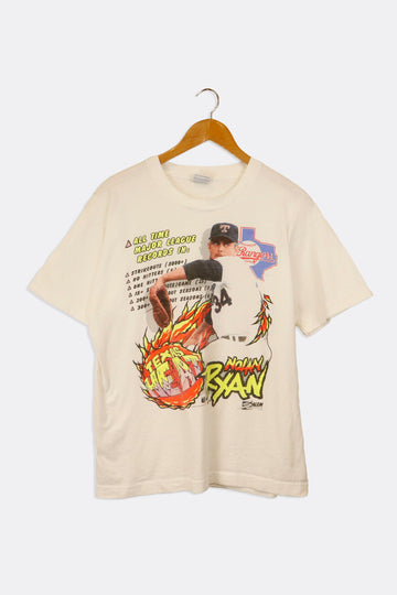 Vintage 1990 MLB Texas Rangers Nolan Ryan Pitching Flaming Ball And Stats T Shirt Sz L
