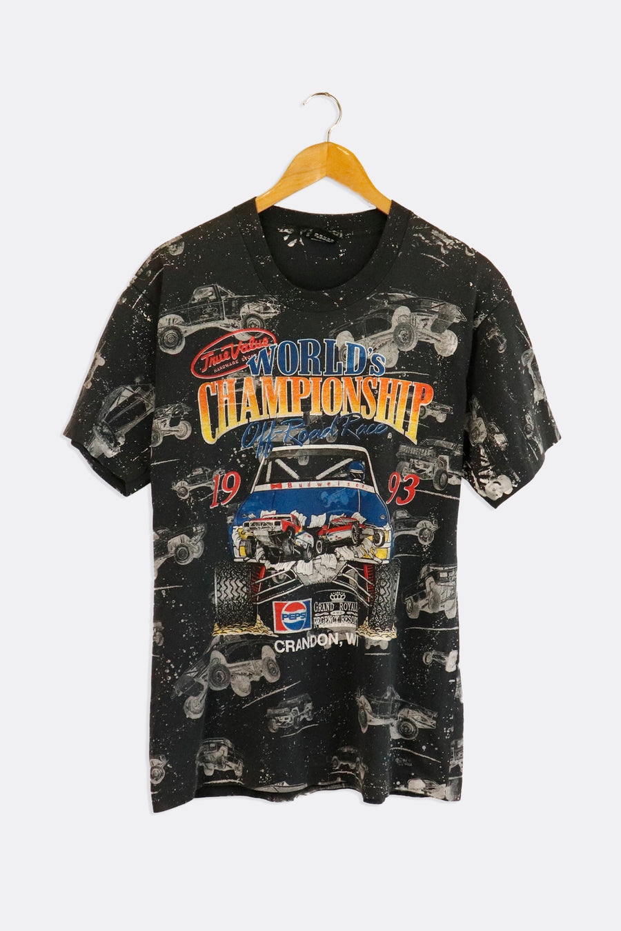 Vintage 1993 World Champion Off Road Race Pepsi Sponsored Trucks All Over Pattern T Shirt Sz L