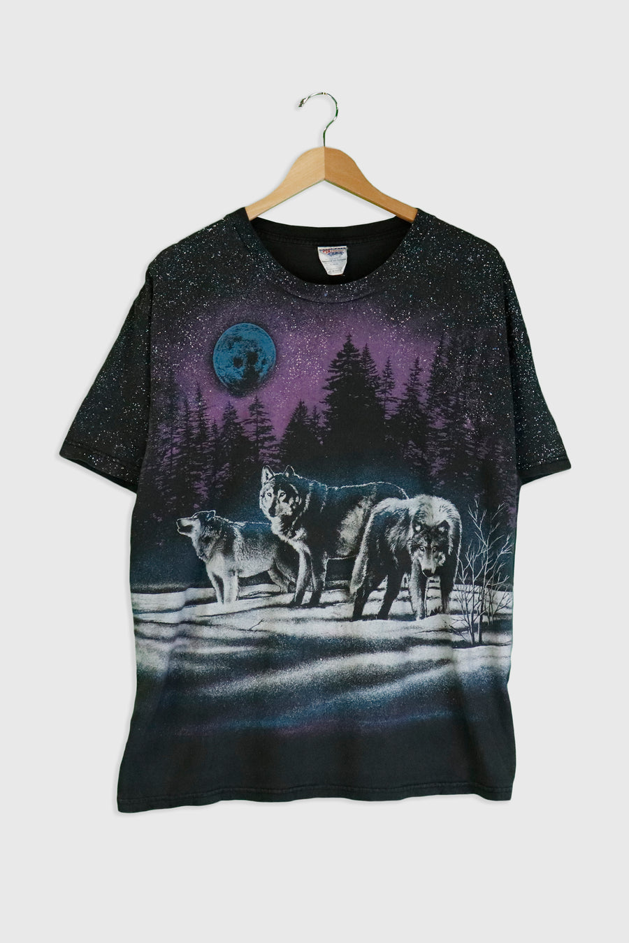 Vintage Wolf Under Full Moon And Starts Graphic T Shirt Sz XL