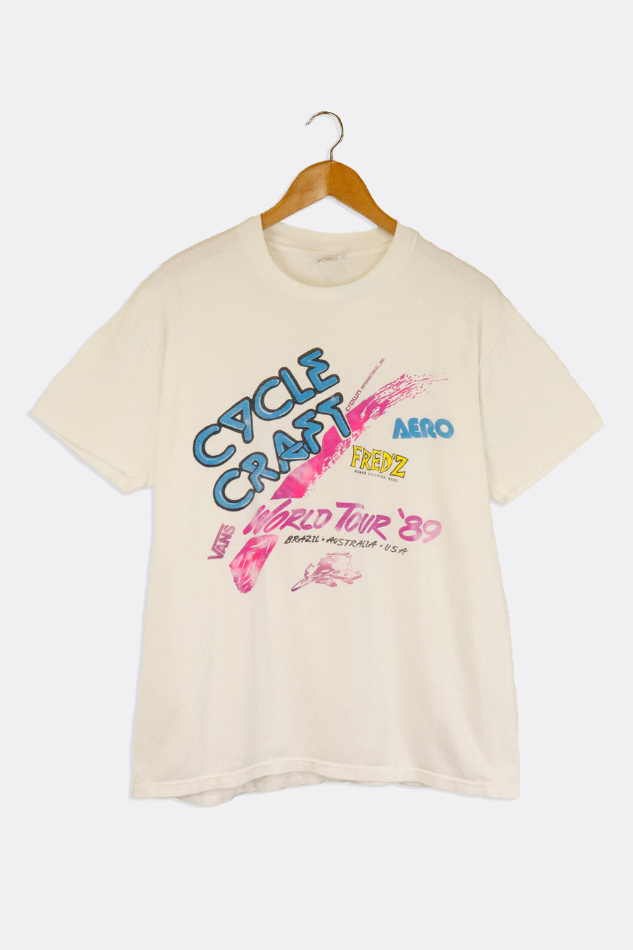 Vintage 1989 Cycle Craft World Tour Brazil Austrailia USA Neon Graphic T Shirt Sz L