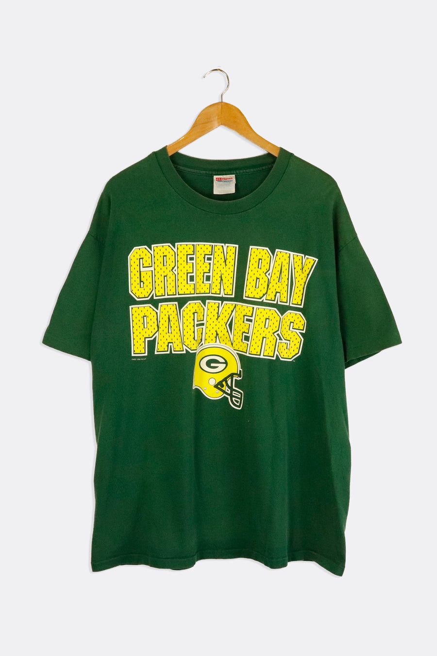 Vintage 1996 NFL Greenbay Packers Block Lettering With Spots Helmet With Logo Vinyl T Shirt Sz XL