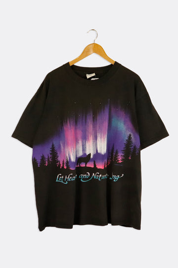 Vintage Let Heaven And Nature Sing Northern Lights Wolves Howling Silhouette T Shirt Sz XL