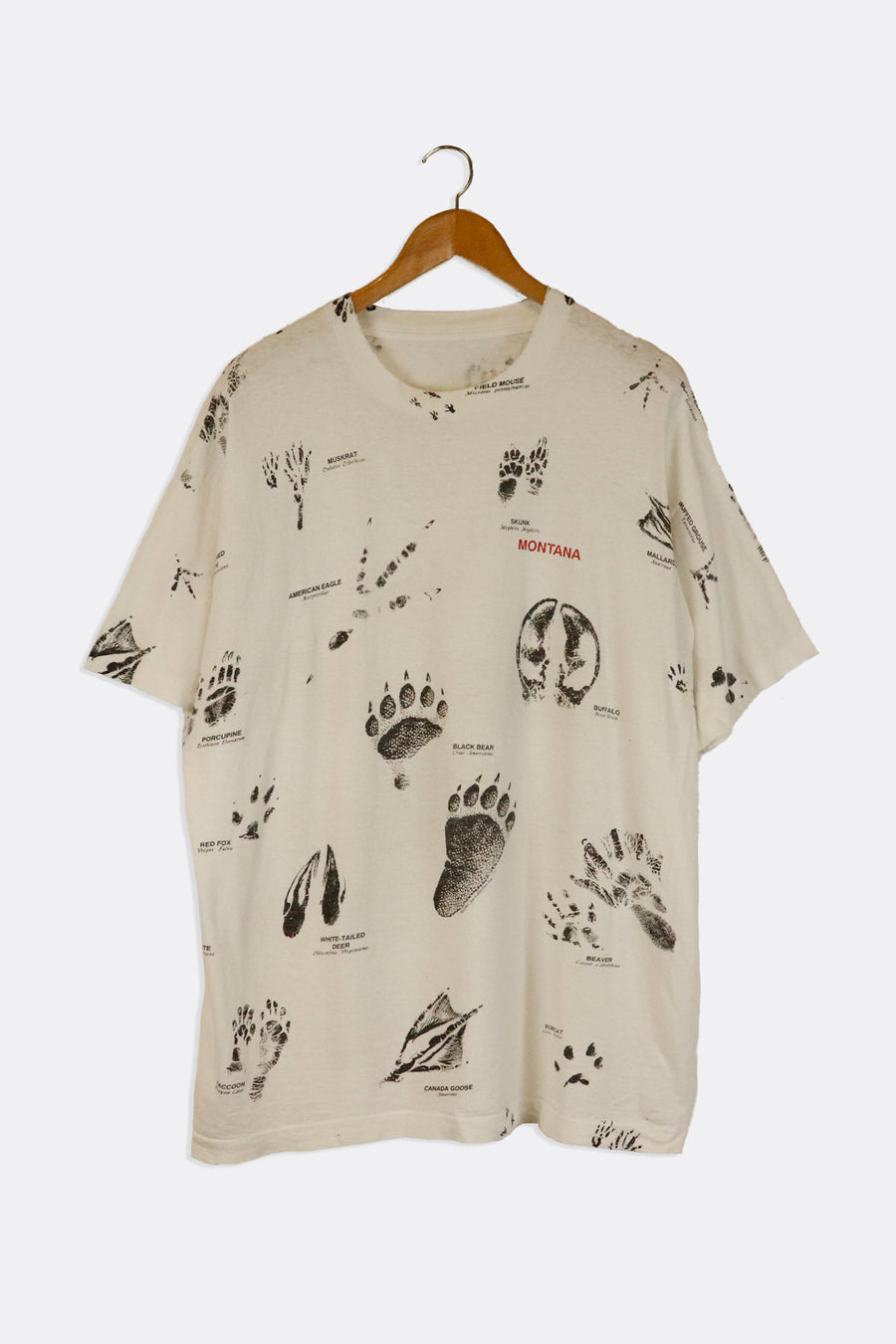 Vintage Montana Different Wildlife Foot Prints With Latin Names All Over Graphic T Shirt