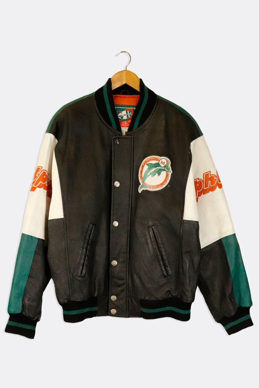 Vintage NFL Miami Dolphins Bomber Full Zip Embroidered Patches Full Button Up Jacket Sz M