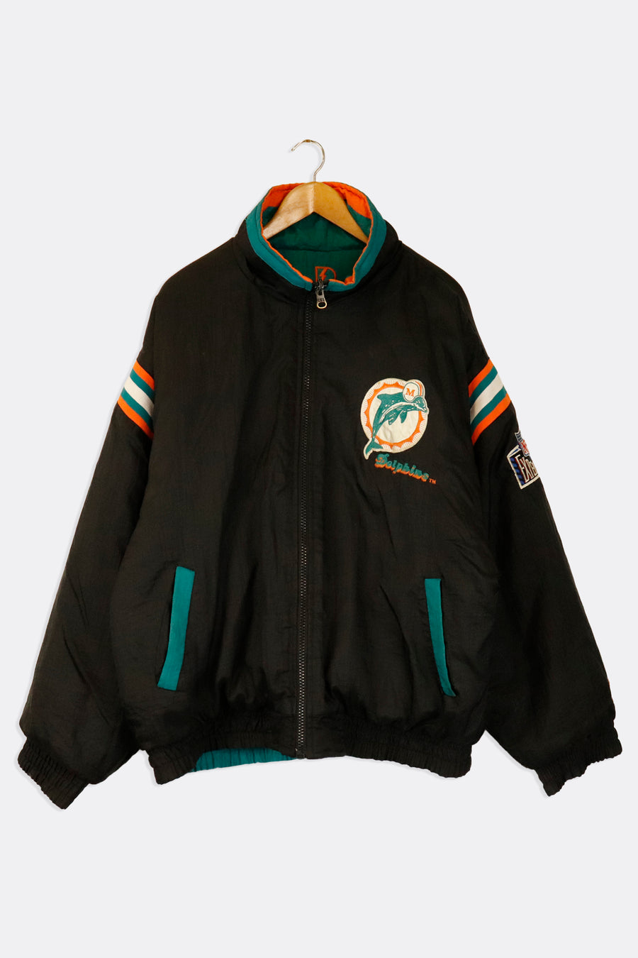 Vintage Nfl Miami Dolphins Full Zip Reversable Embroidered Patches Puff Jacket Quarter Collar Jacket