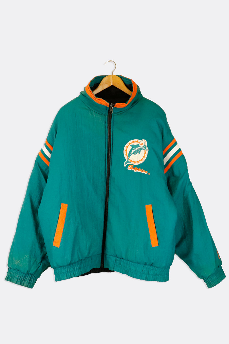 Vintage Nfl Miami Dolphins Full Zip Reversable Embroidered Patches Puff Jacket Quarter Collar Jacket