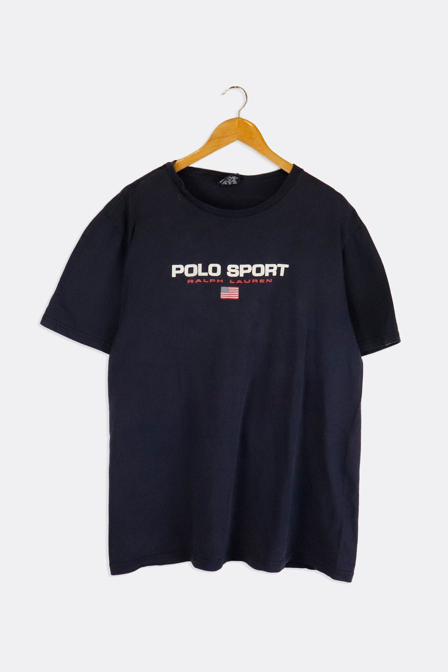 Vintage Raplh Lauren Polo Sport Simple White Font And Red Font With USA Flag Vinyl T Shirt Sz L