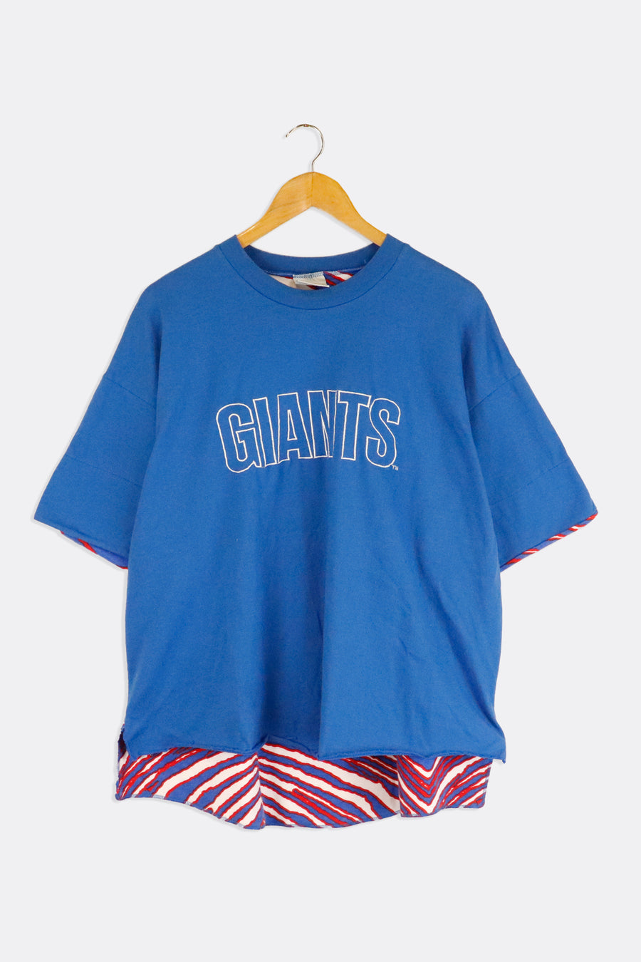 Vintage NFL New York Giants Embroidered Lettering Half Crop Bottom With Stripped Pattern On Bottom And Cuffs T Shirt