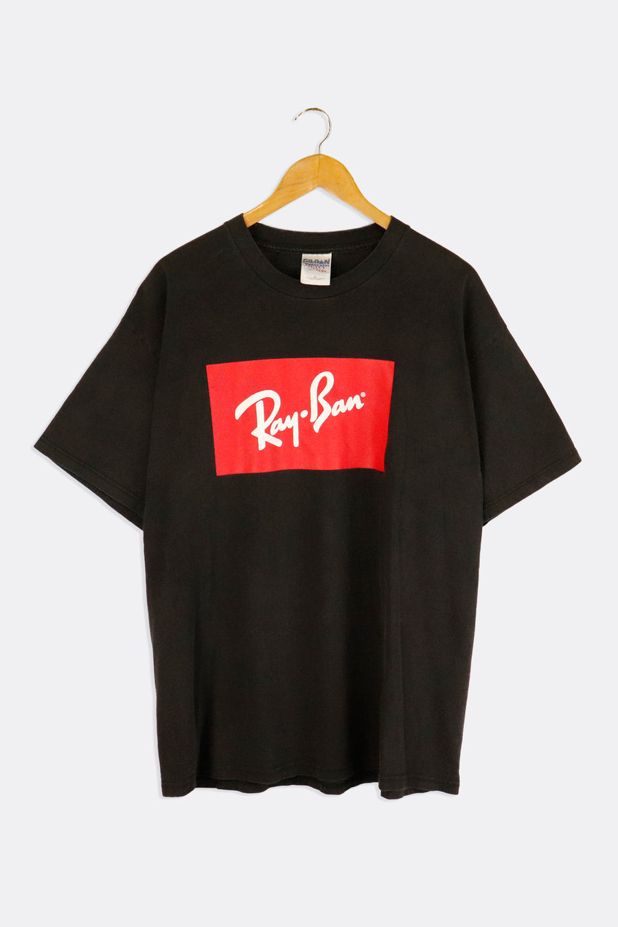 Vintage Ray Ban Simple Logo Red Rectangle With White Font Vinyl T Shirt Sz XL