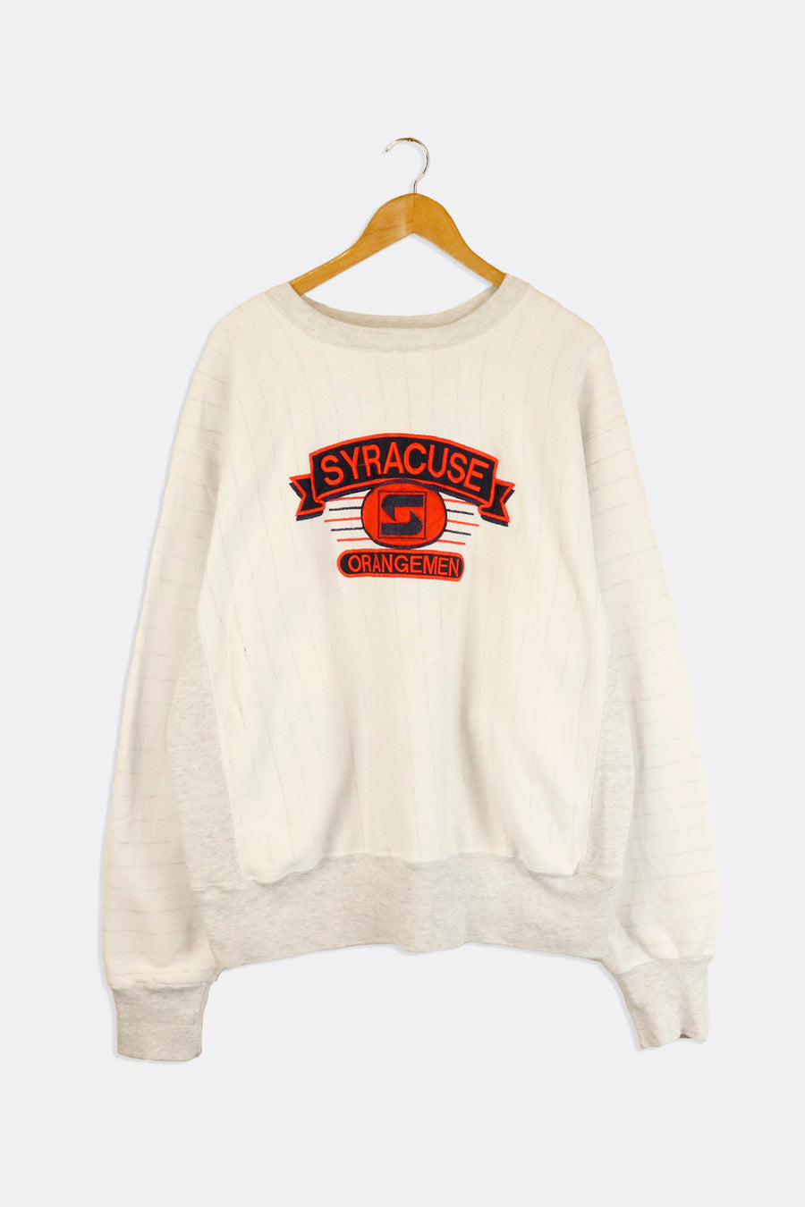 Vintage Varsity Syracuse Orangemen Embroidered And Silky Orange Lettering Navy Background And Stripes Behind Logo Sweatshirt Sz L