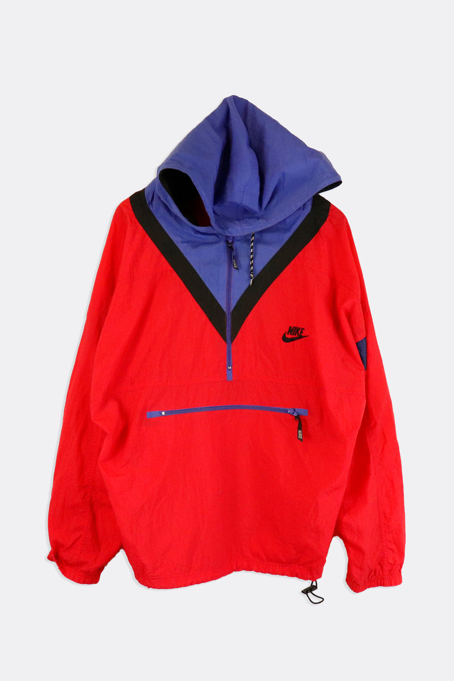 Vintage Nike Half Zip Red Black And Navy Colour Block Windbreaker Kangaroo Pouch Pocket Hooded Outerwear Sz M