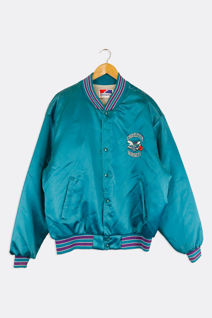 Vintage NBA Charlotte Hornets Full Button Up Small Embroidered Logo Stripped Collar And Cuffs Outerwear Sz XL