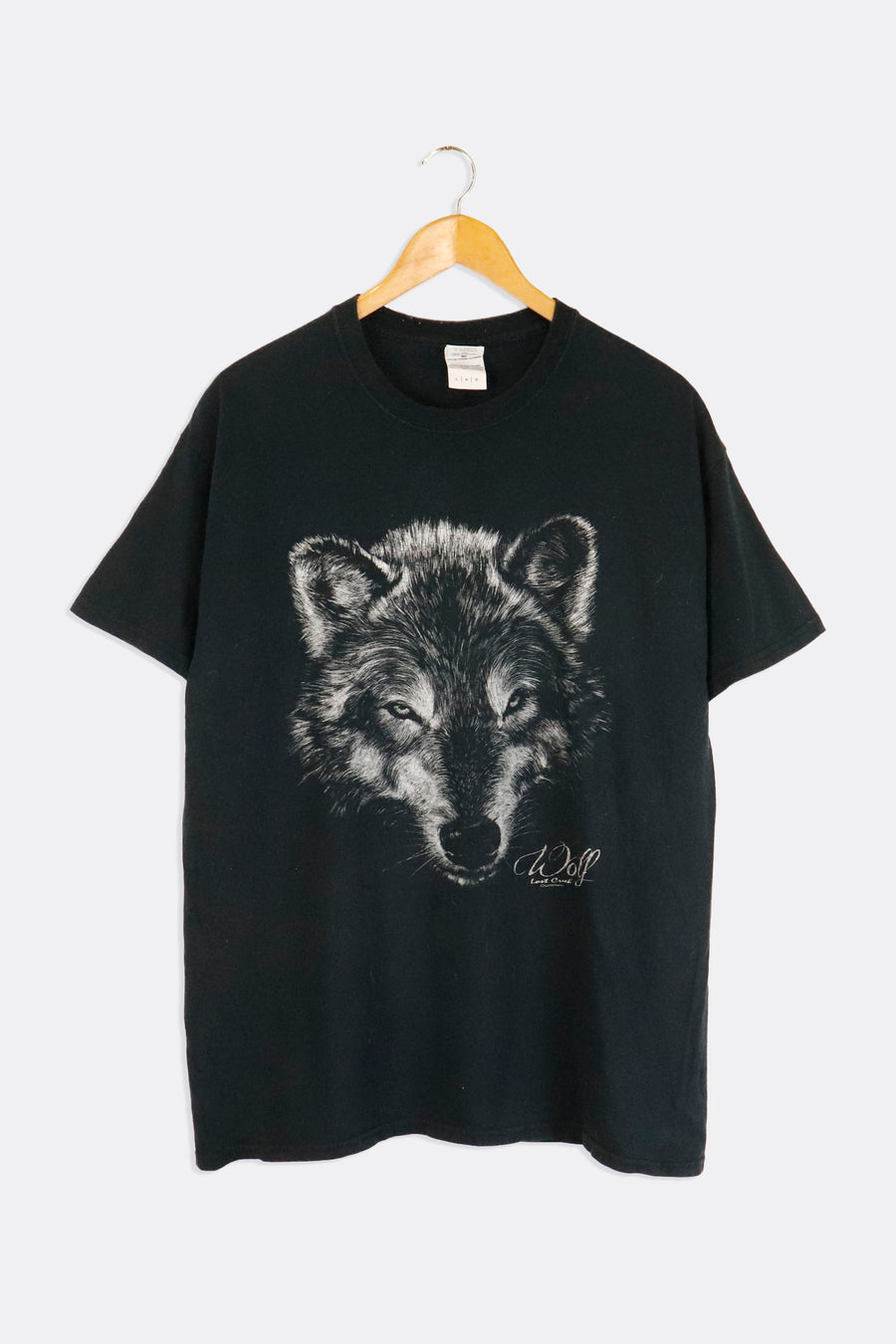 Vintage Wolf Portrait Sketch Style Graphic Cursive Font T Shirt Sz L