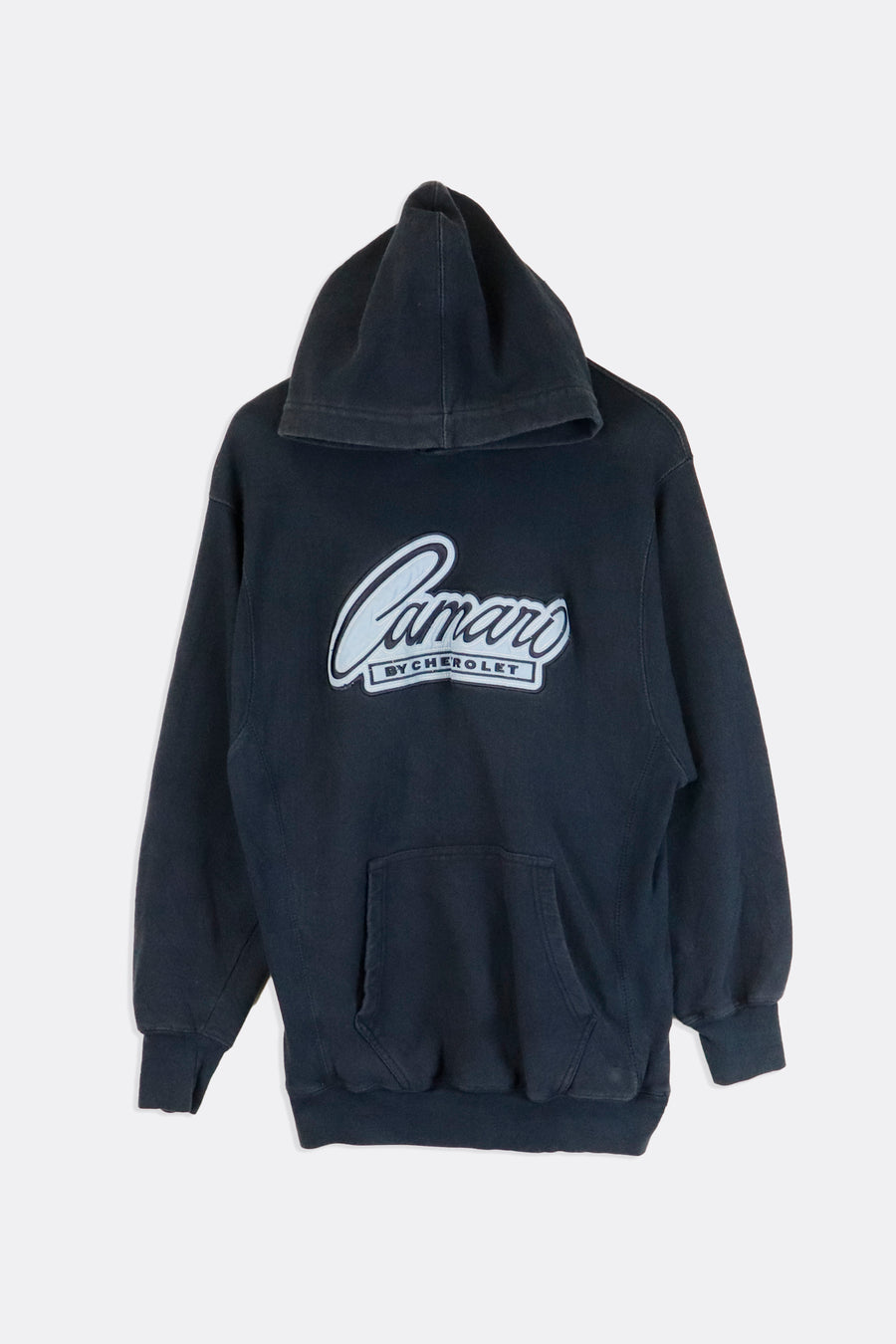 Vintage Chevrolet Camaro Embroidered Sliky Cursive Blue Font Hooded Sweatshirt Sz M