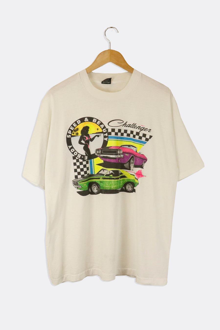 Vintage Ford Challenger E-Body Speed And Beauty Neon Cars Women Shilloutte Graphic T Shirt Sz 2XL