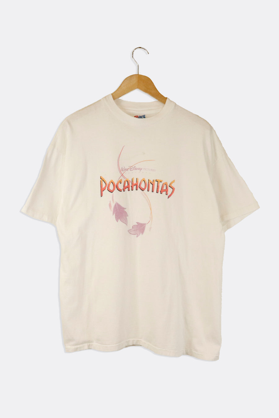 Vintage Disney Pocahontas Simple Title Logo With Leaves Falling Graphic T Shirt Sz XL