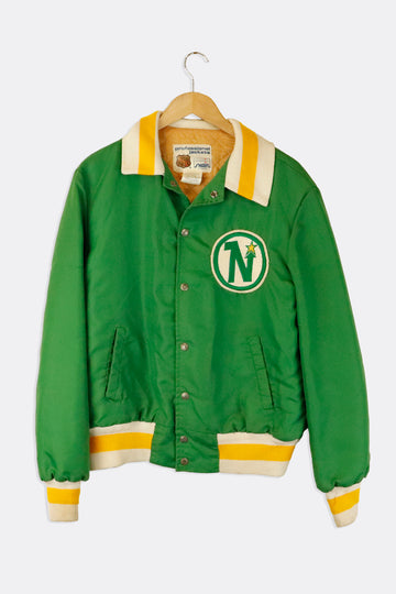 Vintage Nhl Minnesota Wild Embroided Logo Yellow And White Stripped Collar And Cuffs Button Up Jacket