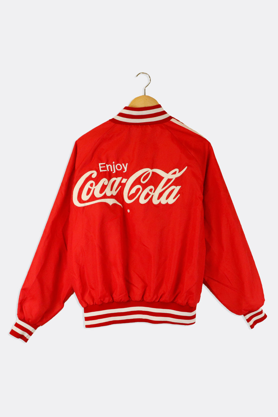 Vintage Enjoy Coca-Cola Embroidered Logo On Both Sides Stripped Collar And Cuffs Bomber Jacket Sz L