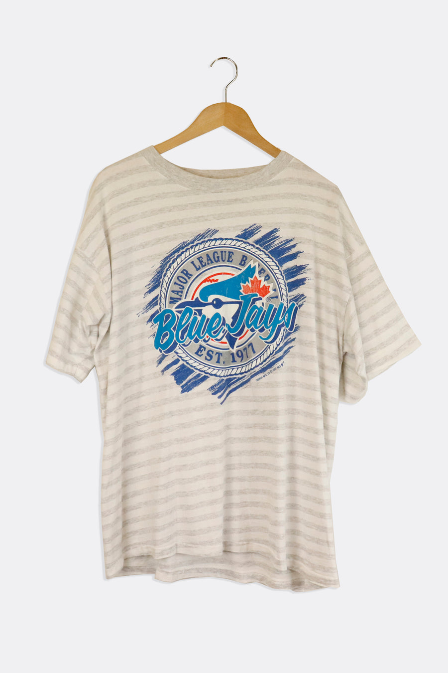 Vintage 1991 Toronto Blue Jays Stripes And Mlb Logo Vinyl T Shirt Sz XL