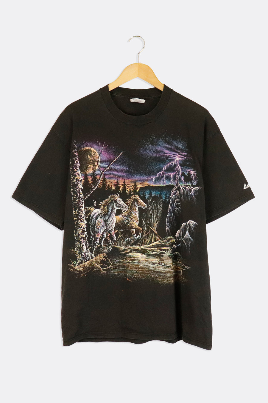 Vintage 1993 Horses And Lighting In Forest Graphic Vinyl T Shirt Sz XL