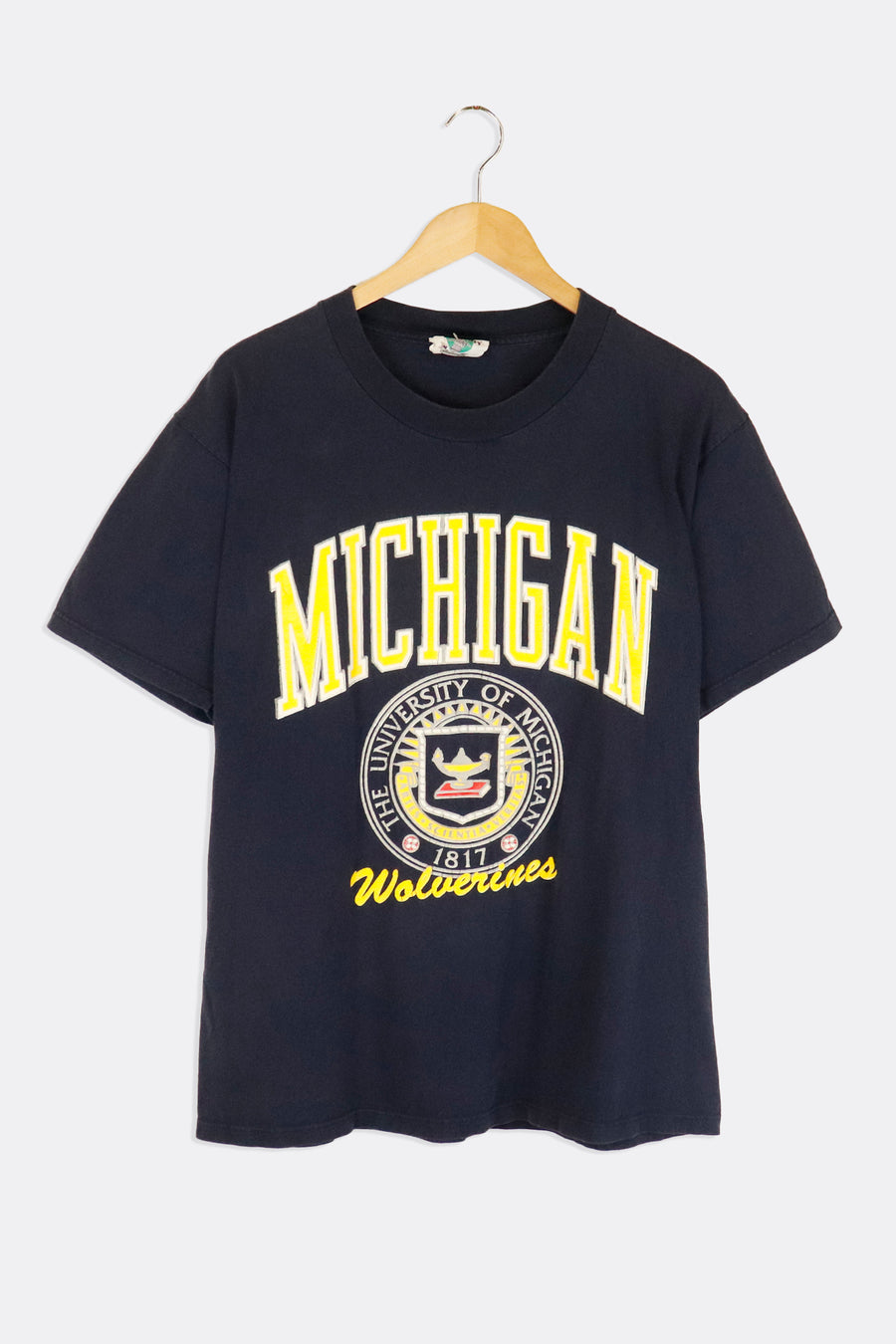 Vintage NCAA Michigan Wolverines Vinyl Yellow Logo And Font T Shirt
