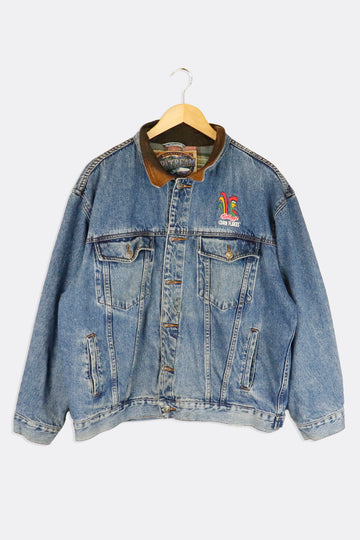 Vintage Kellogs Corn Flakes Embroidered Leather Collar Denim Jacket Sz XL