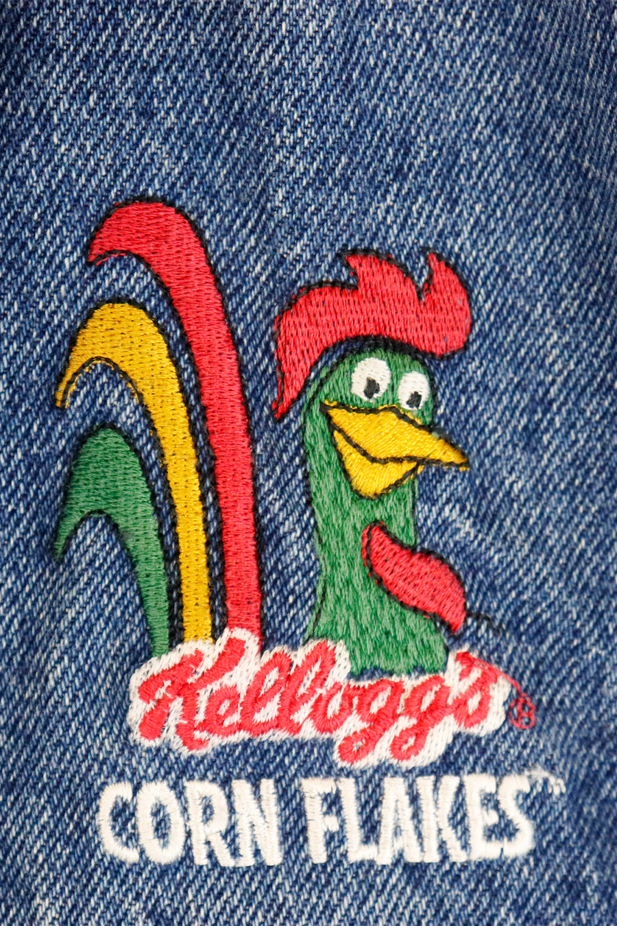 Vintage Kellogs Corn Flakes Embroidered Leather Collar Denim Jacket Sz XL