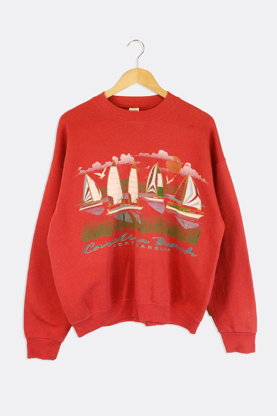Vintage Carolina Beach Sail Boats Seaguls Graphic Vinyl Sweatshirt Sz L
