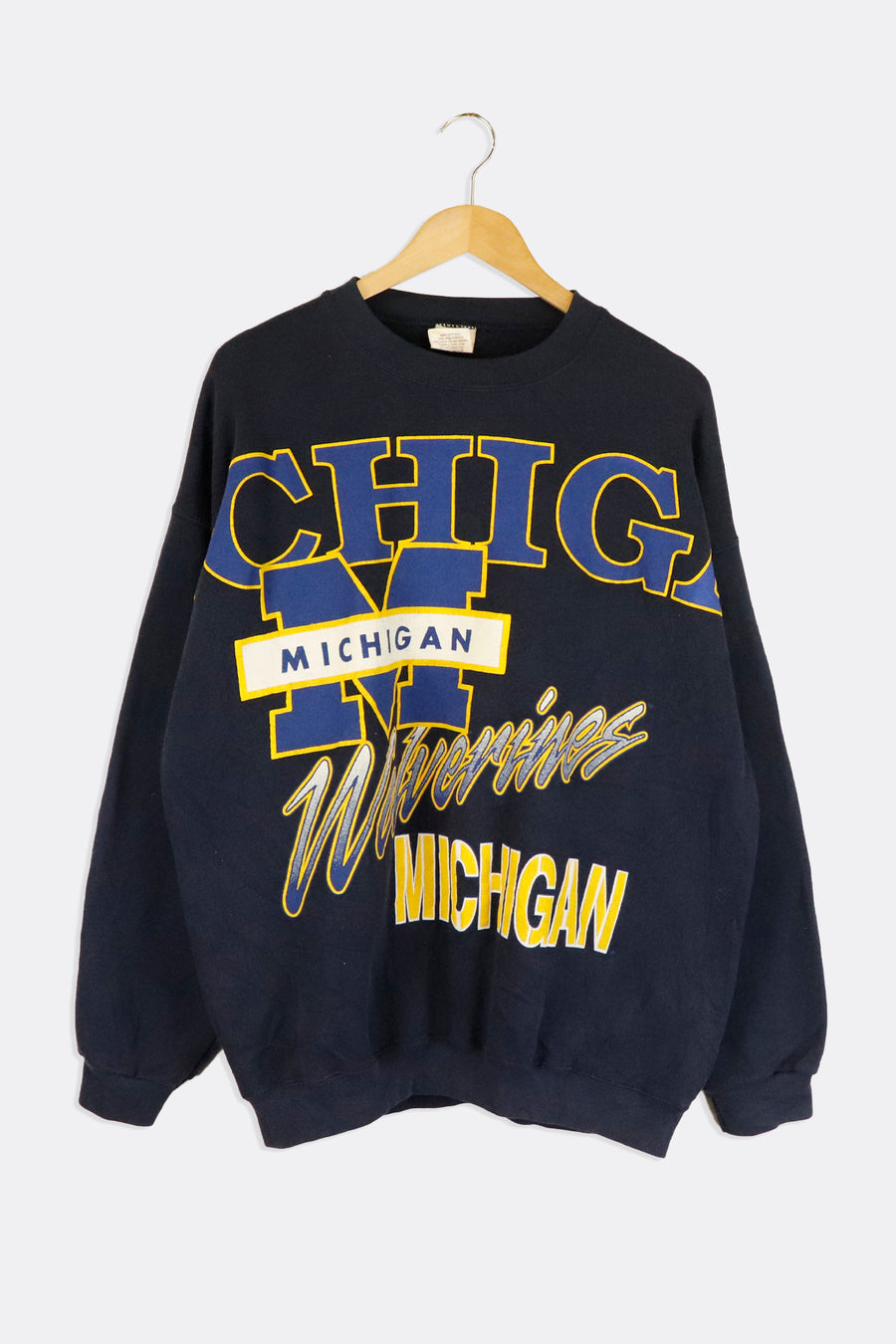 Vintage NCAA Michigan Wolverines Large Font And Logo Down Sleeves Vinyl Sweatshirt Sz L