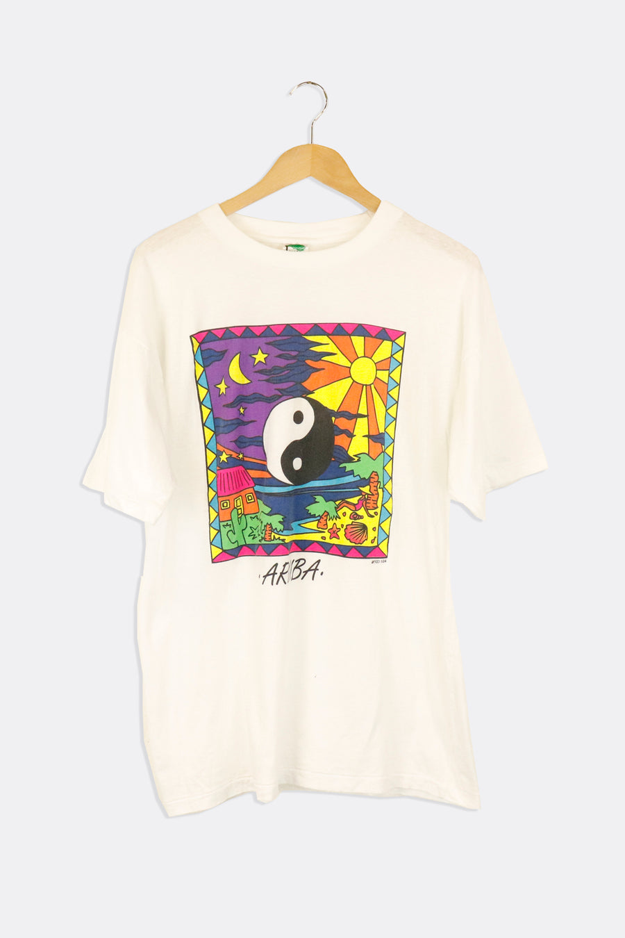 Vintage Aruba Colourful Ying Yang Cartoon Vinyl T Shirt Sz XL