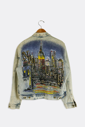 Vintage Acid Wash New York Studded Collar Denim Jacket Sz L