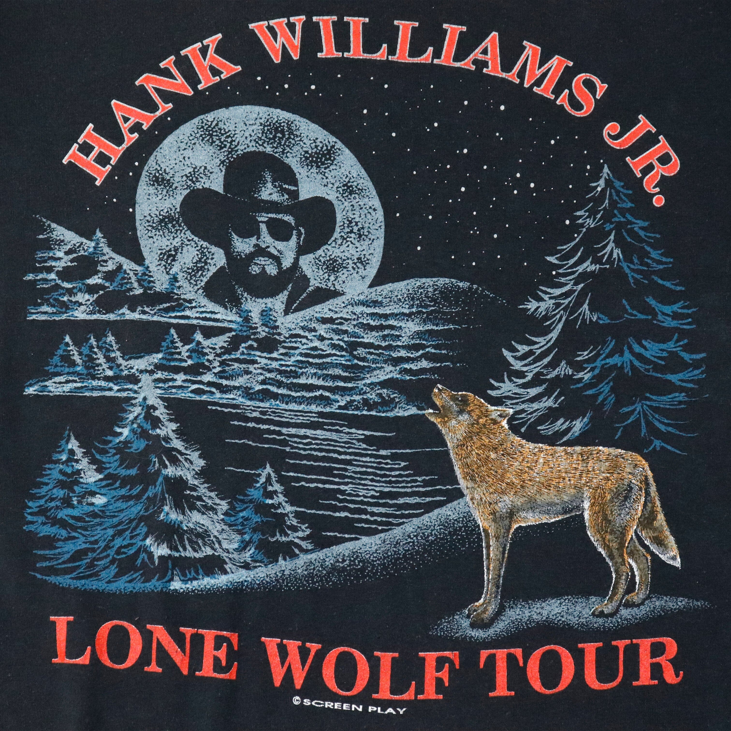 Vintage 80s Hank Williams Jr. Lone Wolf Tour Graphic T-Shirt Size XL Hanes 
