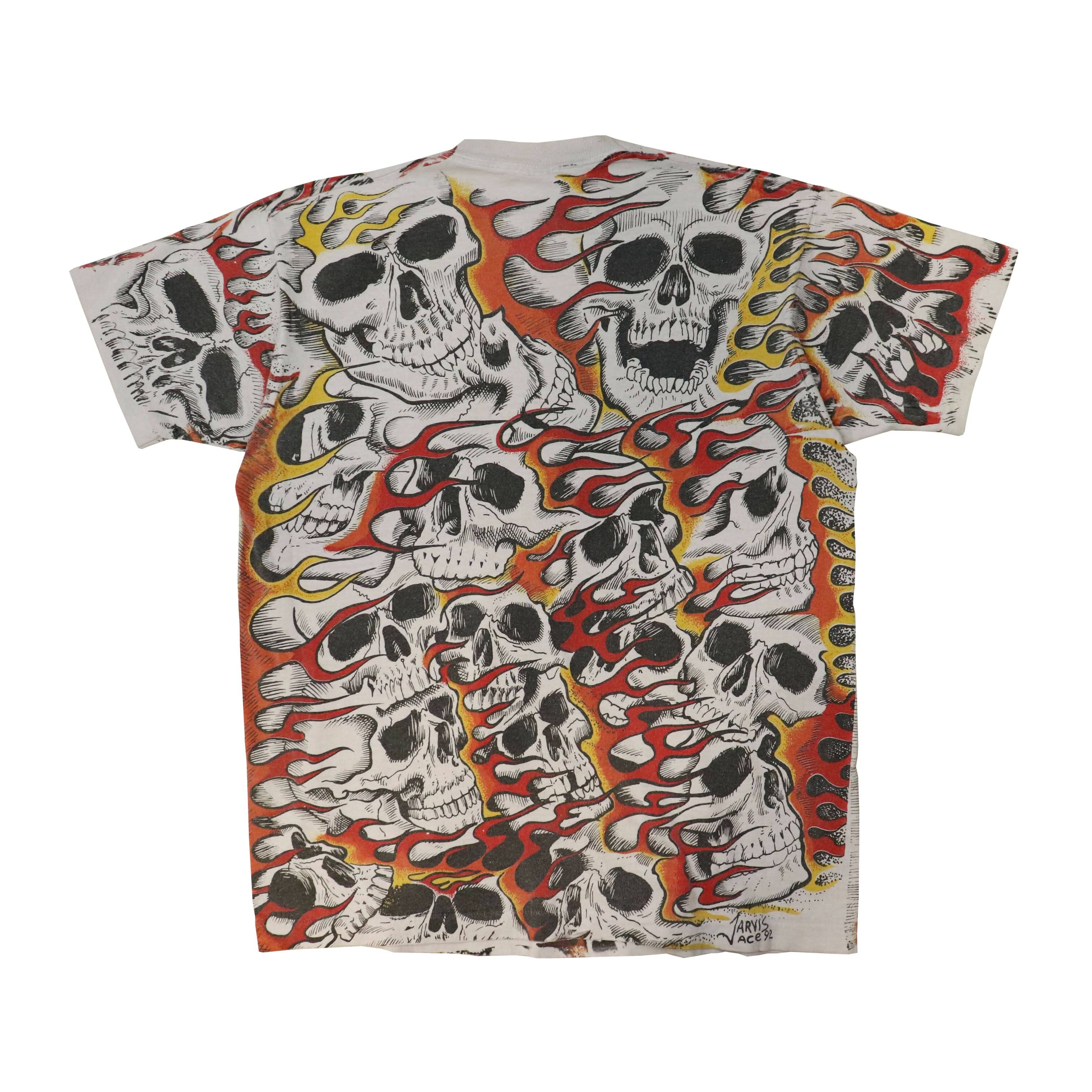 Vintage Fruit of the Loom Jarvis Ace 92 Skull Flames Graphic T-Shirt Size L FAIF.CA 
