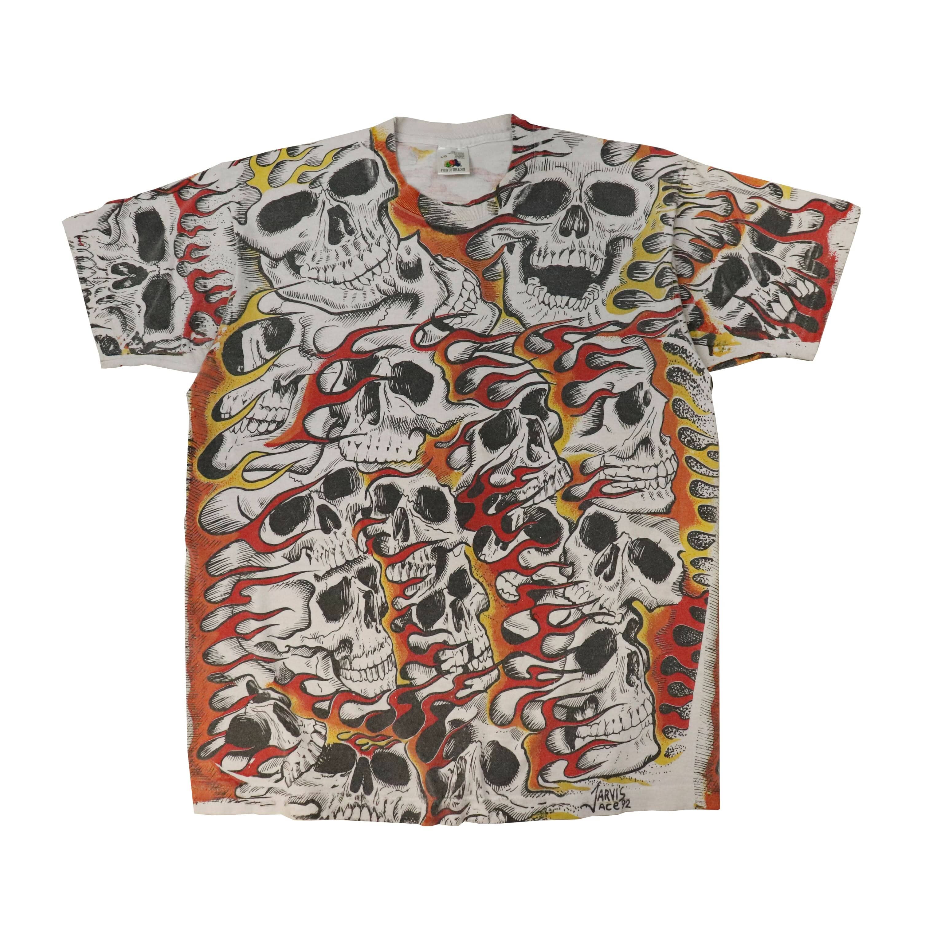 Vintage Fruit of the Loom Jarvis Ace 92 Skull Flames Graphic T