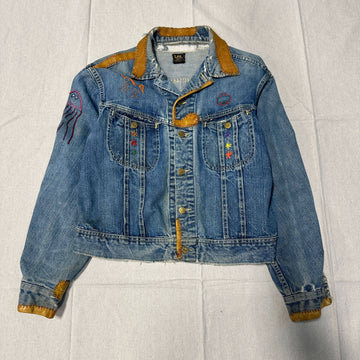 Vintage Lee 101j Custome Hippy Unicorn Embroidered Denim Trucker Jacket Size 14 Regular Folk Art RARE FAIF.CA 
