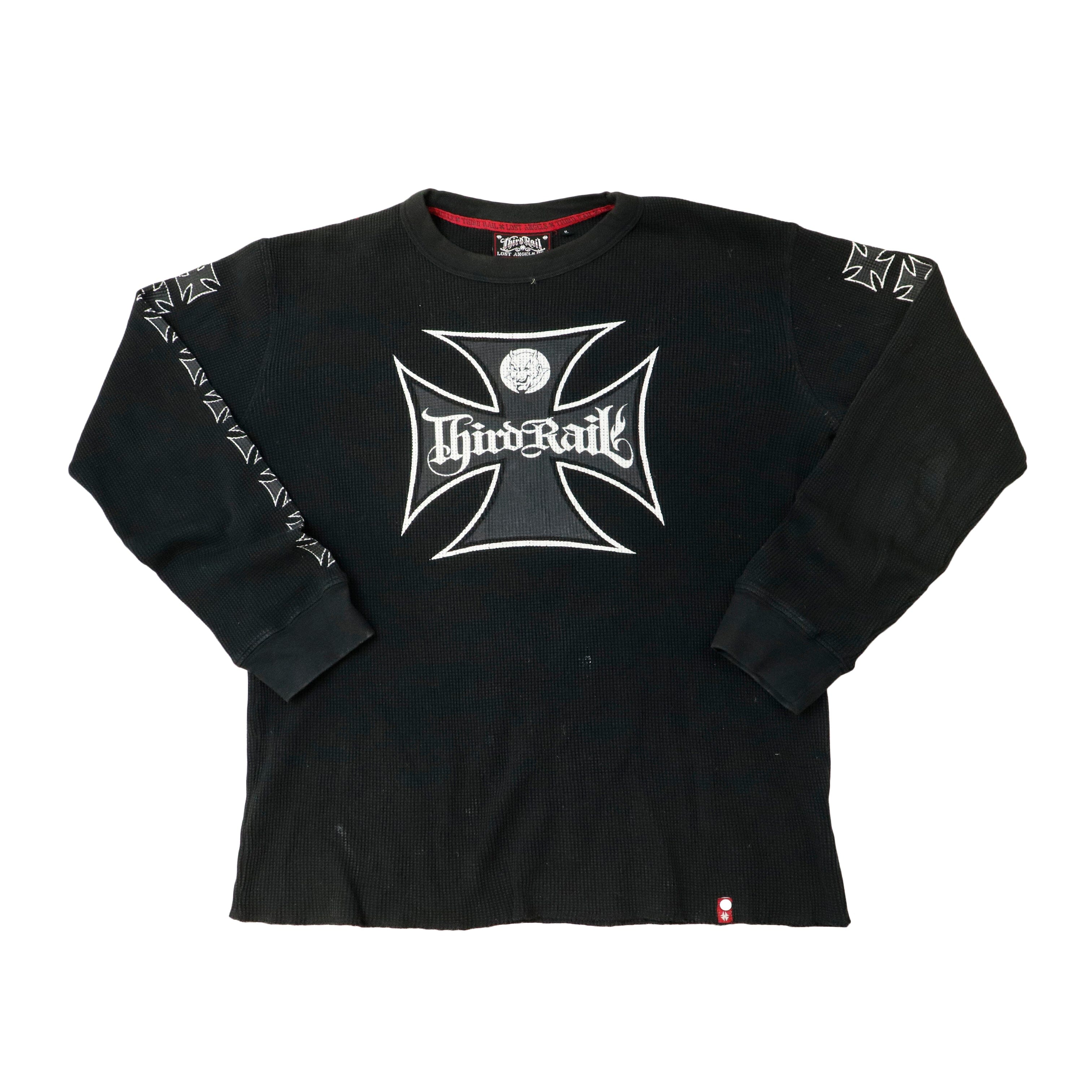 Vintage Third Rail Iron Cross Graphic Thermal Long Sleeve Shirt Size M R 