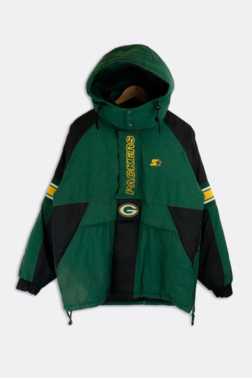 Vintage Starter Green Bay Packers Quarter Zip Up Removable Hood Jacket With Pockets And Hidden Pouch Sz S